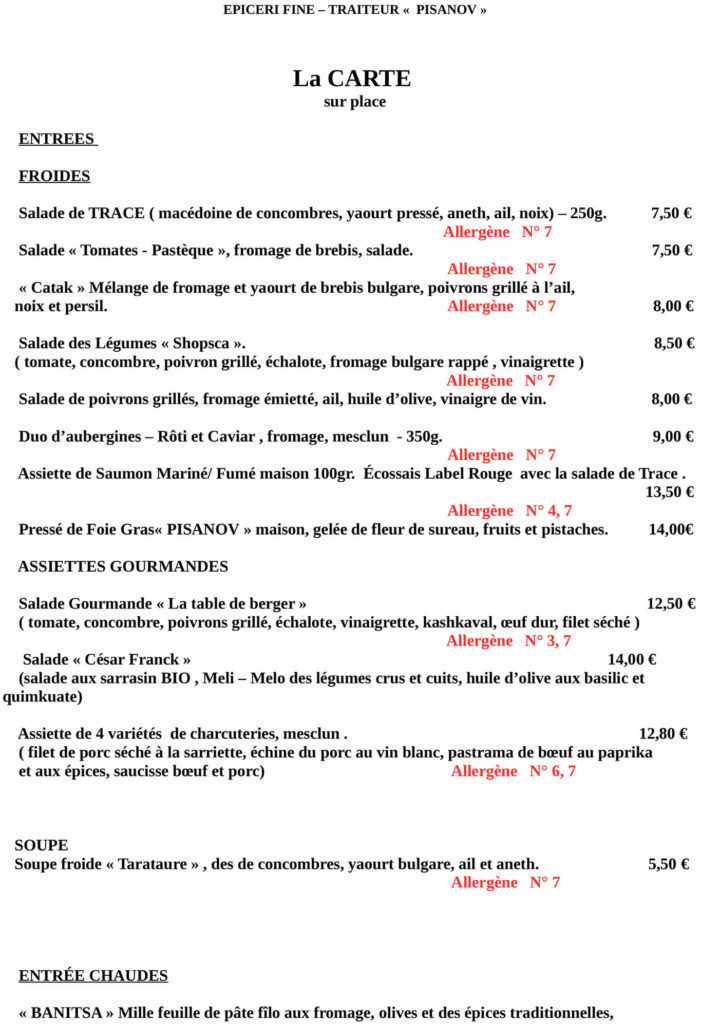 Carte du Restaurant Pisanov - 6 Rue César Franck, 75015 Paris