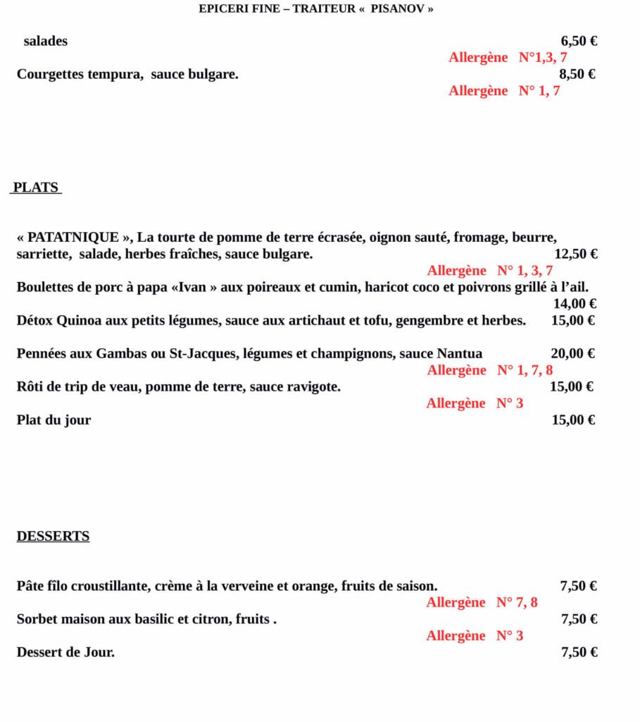 Carte du Restaurant Pisanov - 6 Rue César Franck, 75015 Paris