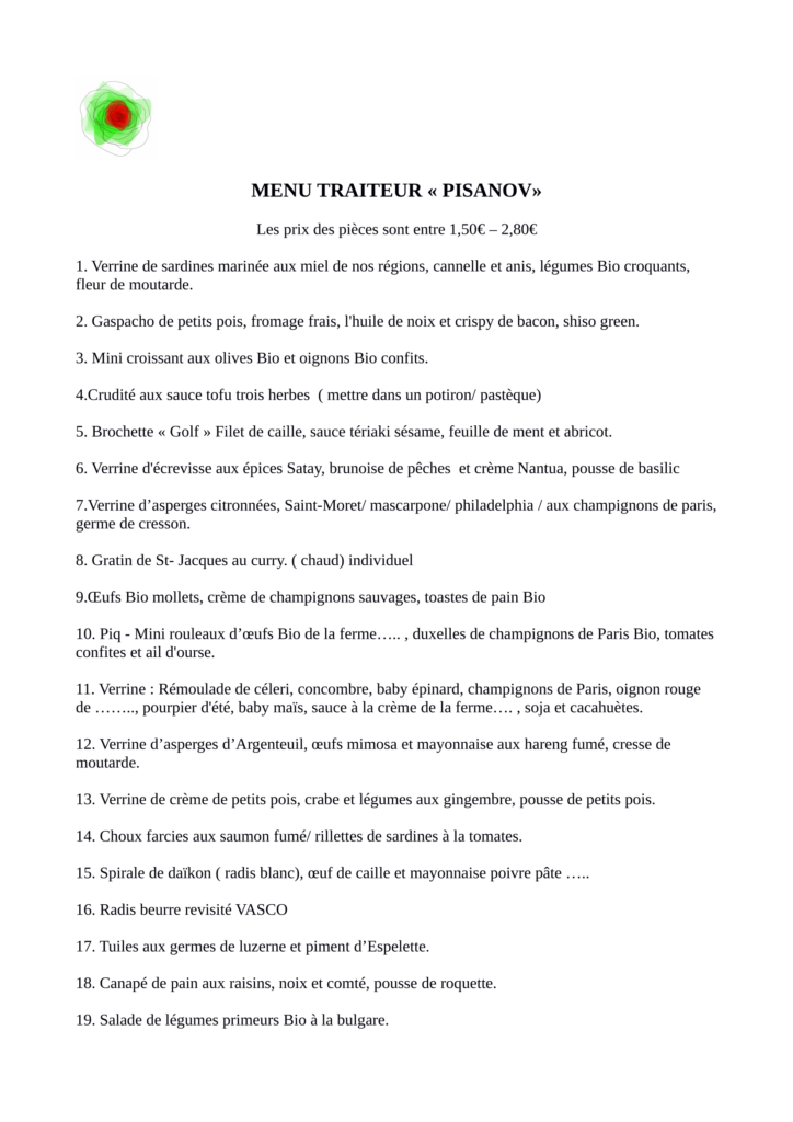 Carte Traiteur Pisanov - 6 Rue César Franck, 75015 Paris