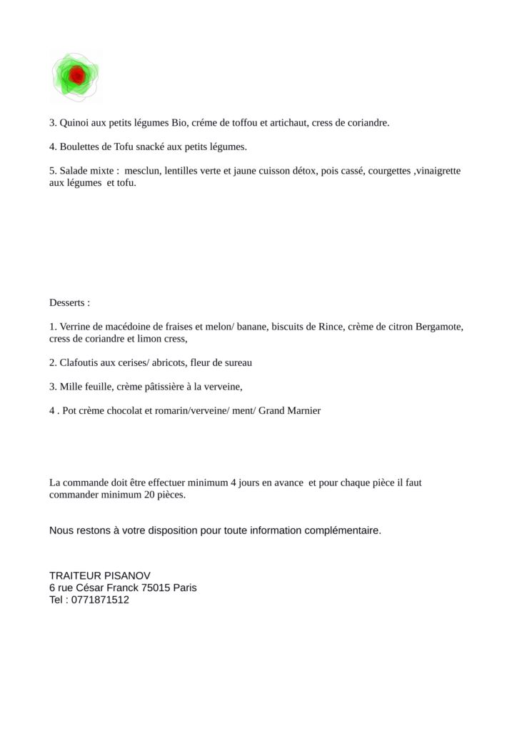 Carte Traiteur Pisanov - 6 Rue César Franck, 75015 Paris